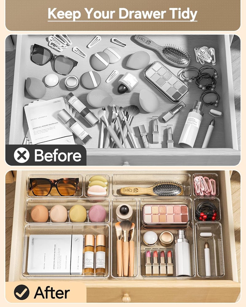 KEMETHY 25 PCS Plastic Drawer Organizers Set, 4 Sizes Vanity Organizer, Makeup and Desk Drawer Organizer Trays, Organization and Storage for Makeup, Bathroom, Kitchen Utensils and Office (Clear) - Image 3